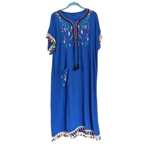 Traditional Mexican Bali blue embroidered dress with tassels Large B6